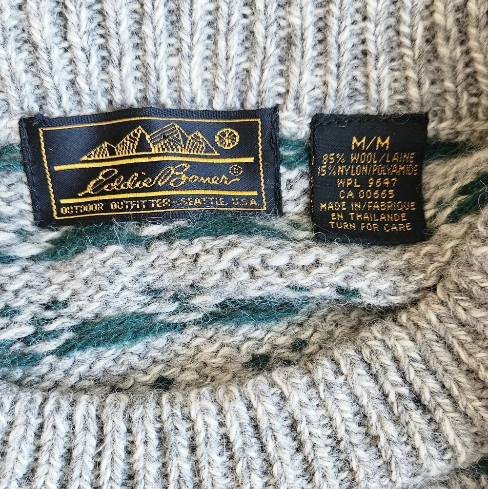 Vintage Eddie Bauer Gray Green Patterned Wool Classic Crewneck Sweater Medium - Picture 5 of 12